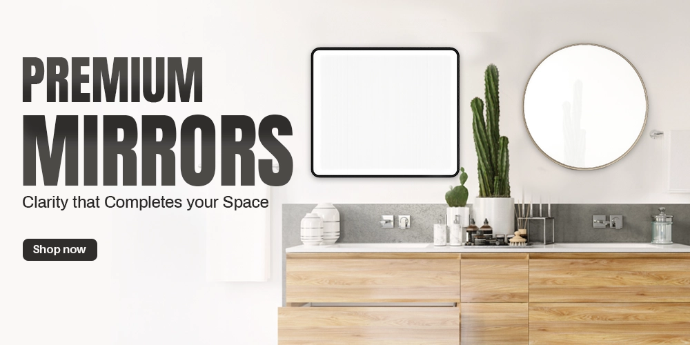 Modern bathroom vanity with wooden drawers, decorative plants, and two wall mirrors – one square and one round – mounted on the wall.